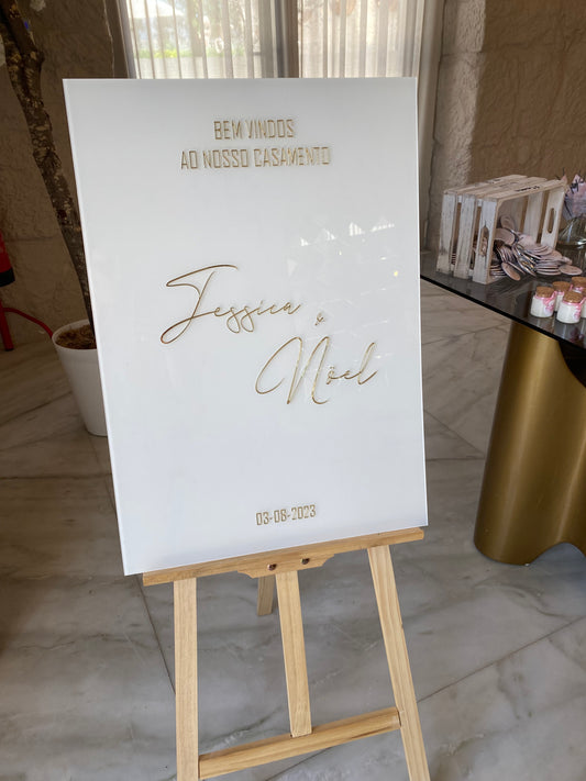 Painel Boas-vindas acrílico com aplicação de acrílico dourado